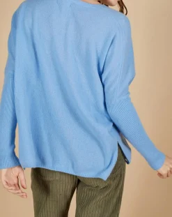 Femme Cashmere Tribu Pull poncho 100% Cachemire Alizée col rond bleu topaze