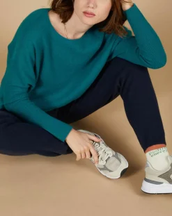 Outlet Cashmere Tribu Pull poncho 100% Cachemire Alizée col rond bleu paon