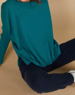 Outlet Cashmere Tribu Pull poncho 100% Cachemire Alizée col rond bleu paon