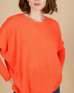 New Cashmere Tribu Pull poncho 100% Cachemire Alizée col rond corail fluo