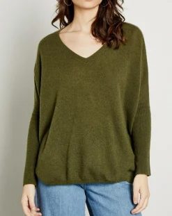 Best Miss Cashmere Pull poncho 100% Cachemire Axelle Col V kaki
