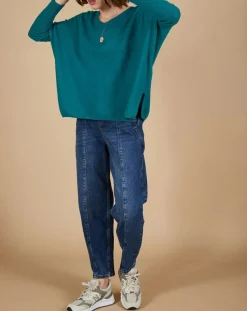 Discount Cashmere Tribu Pull poncho 100% Cachemire Emma col V bleu paon