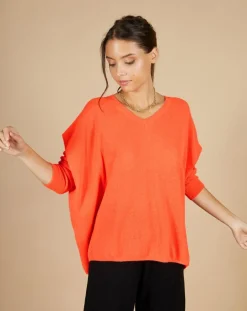 Femme Cashmere Tribu Pull poncho 100% Cachemire Emma col V corail fluo