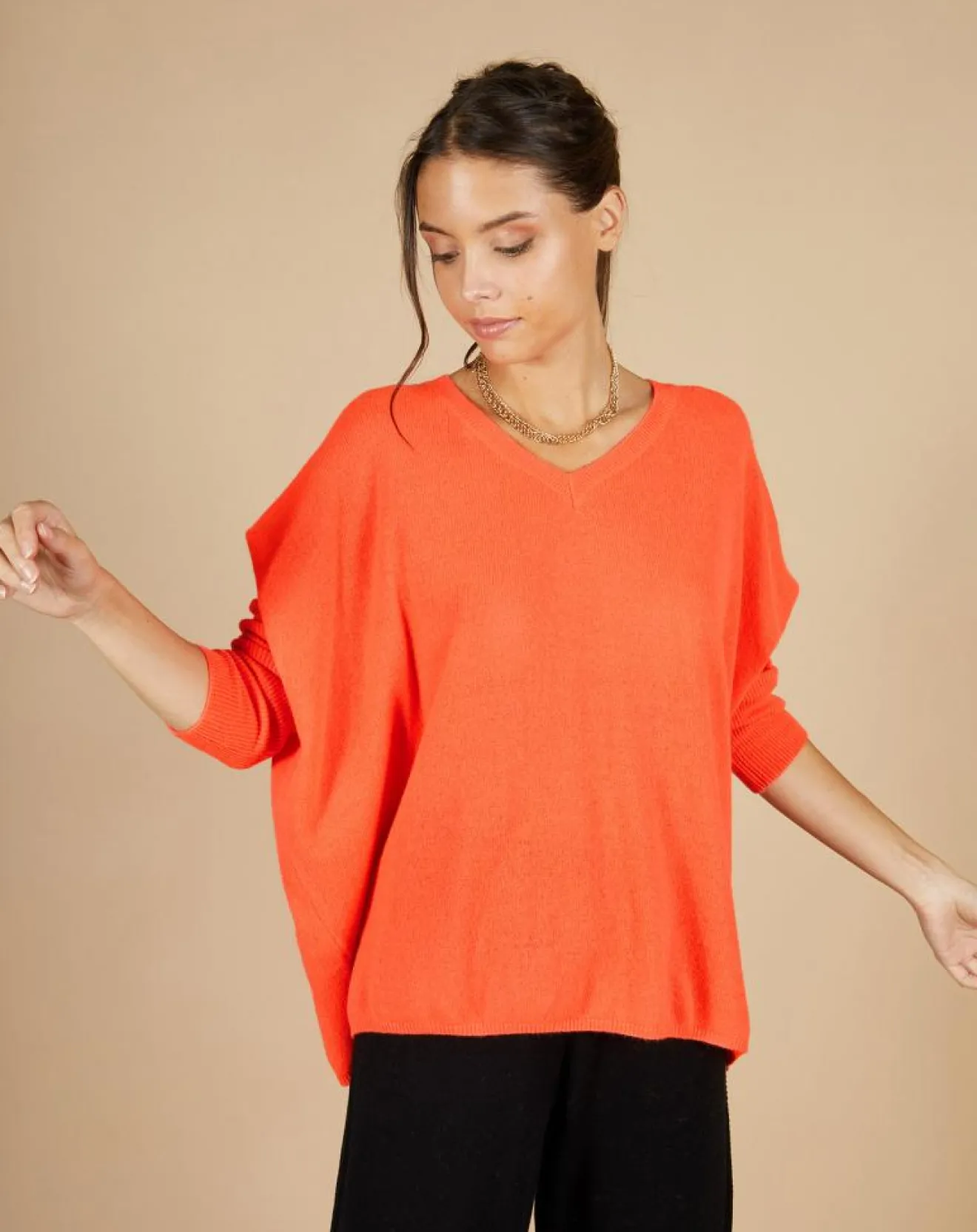 Femme Cashmere Tribu Pull poncho 100% Cachemire Emma col V corail fluo