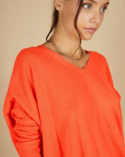 Femme Cashmere Tribu Pull poncho 100% Cachemire Emma col V corail fluo