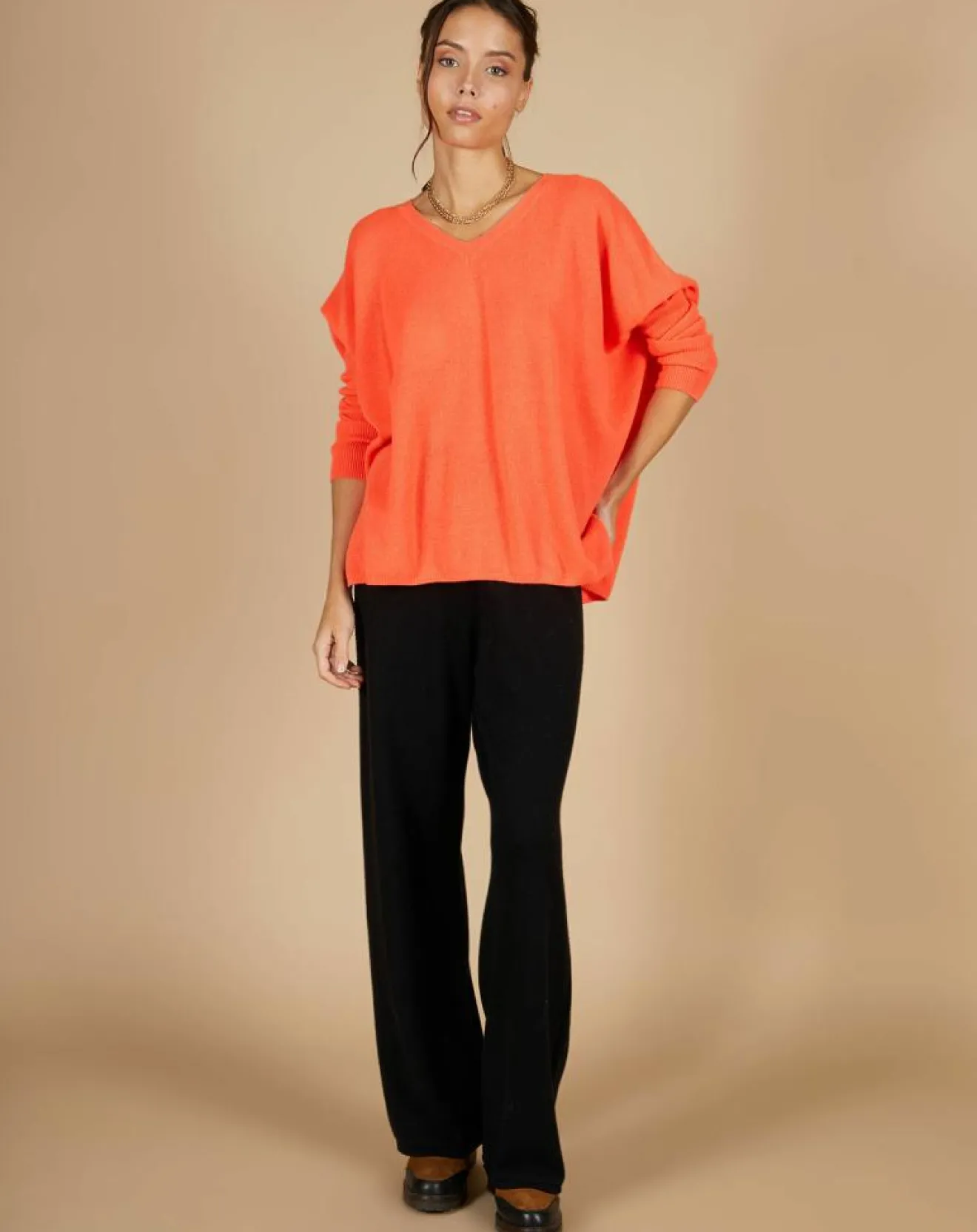 Femme Cashmere Tribu Pull poncho 100% Cachemire Emma col V corail fluo