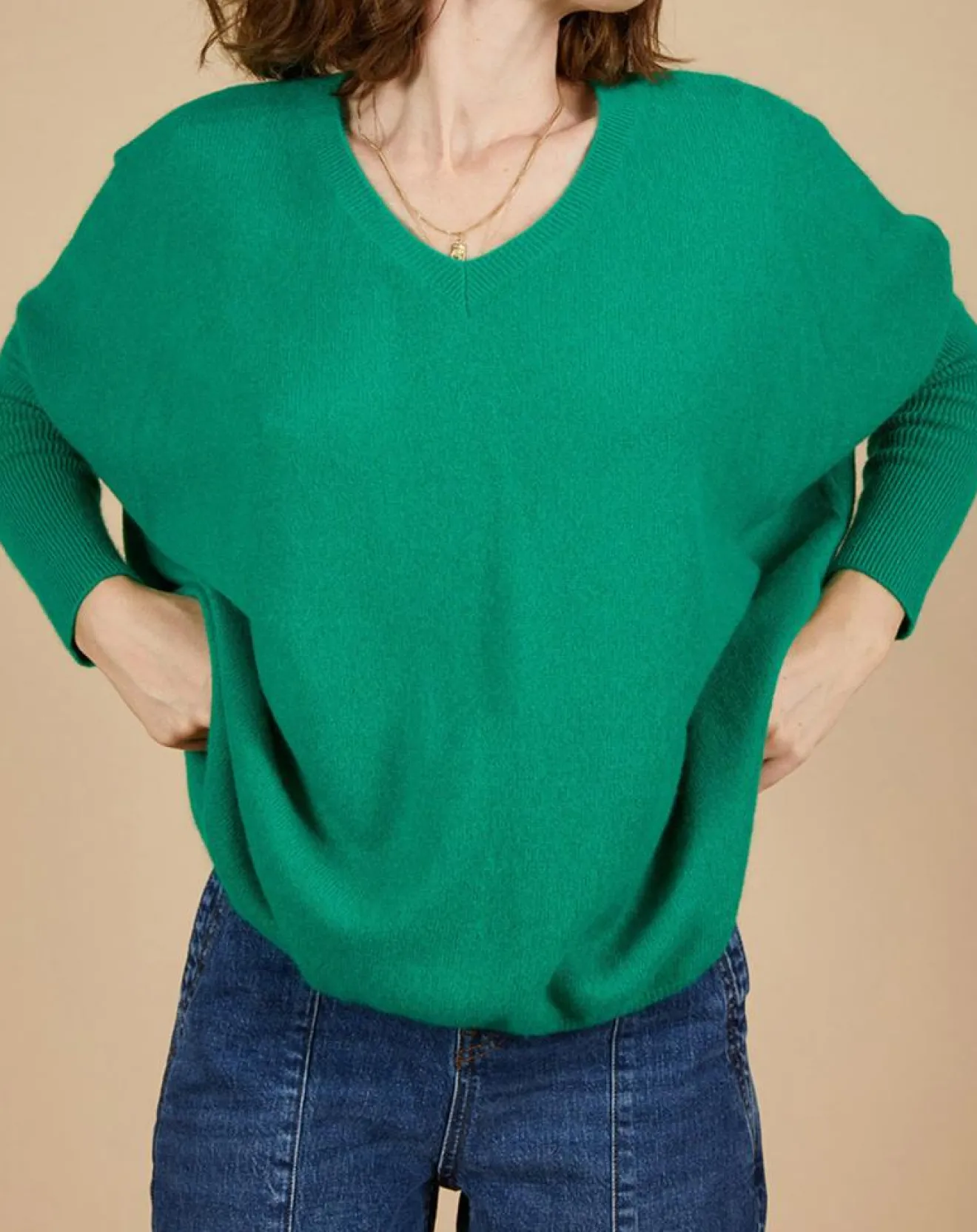 Femme Cashmere Tribu Pull poncho 100% Cachemire Emma col V vert impérial