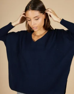 Hot Cashmere Tribu Pull poncho 100% Cachemire Emma col V bleu marine