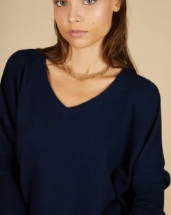Hot Cashmere Tribu Pull poncho 100% Cachemire Emma col V bleu marine