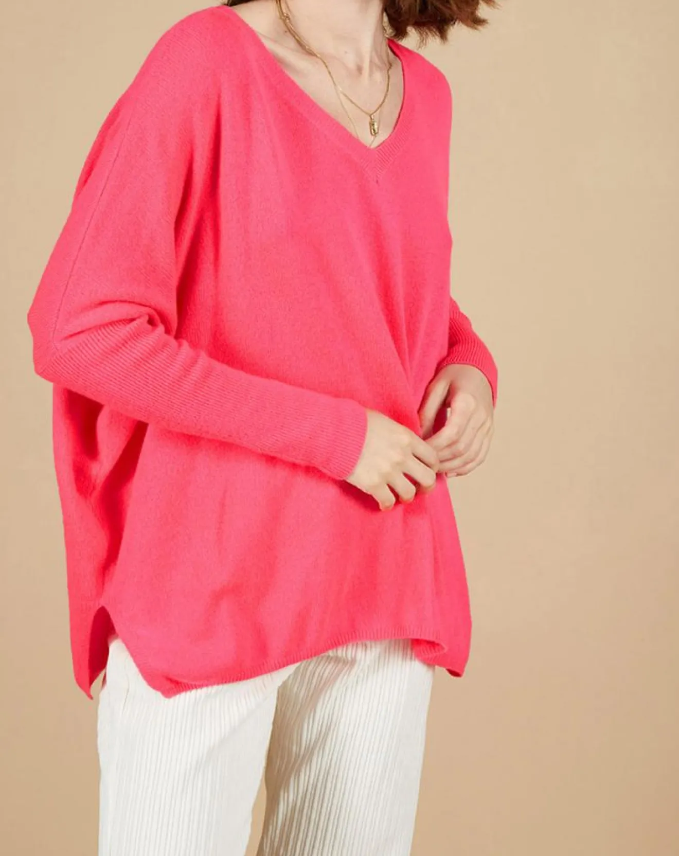 Femme Cashmere Tribu Pull poncho 100% Cachemire Emma col V rose fluo