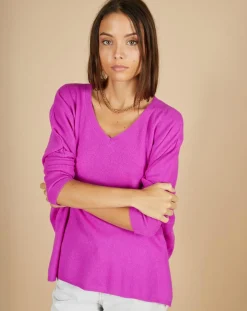 Sale Cashmere Tribu Pull poncho 100% Cachemire Emma col V violet fluo