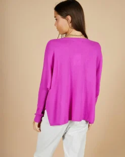 Sale Cashmere Tribu Pull poncho 100% Cachemire Emma col V violet fluo