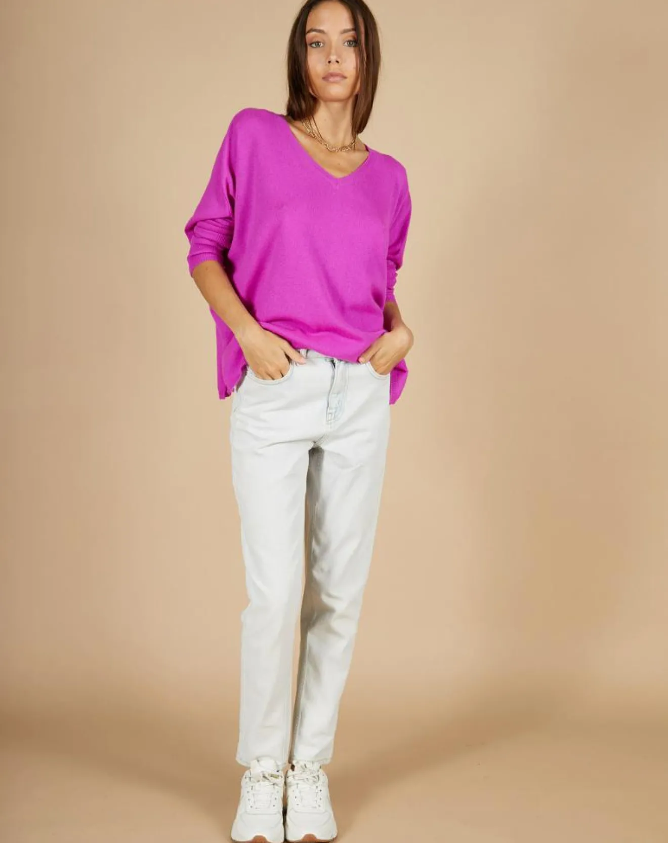 Sale Cashmere Tribu Pull poncho 100% Cachemire Emma col V violet fluo