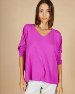 Sale Cashmere Tribu Pull poncho 100% Cachemire Emma col V violet fluo