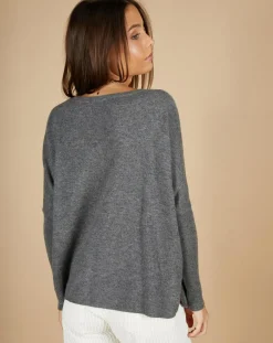 New Cashmere Tribu Pull poncho 100% Cachemire Emma col V gris chiné foncé