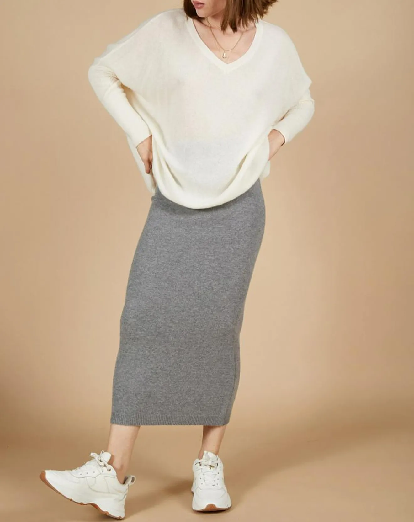 Femme Cashmere Tribu Pull poncho 100% Cachemire Emma col v écru