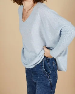 Femme Cashmere Tribu Pull poncho 100% Cachemire Emma col V ciel