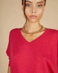 Femme Cashmere Tribu Pull poncho 100% Cachemire Kelly col V manches courtes fuschia