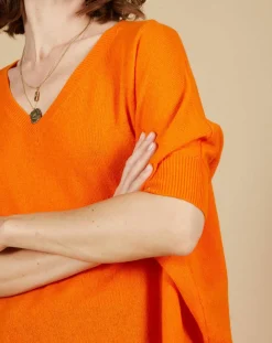 Femme Cashmere Tribu Pull poncho 100% Cachemire Kelly col V manches courtes mangue