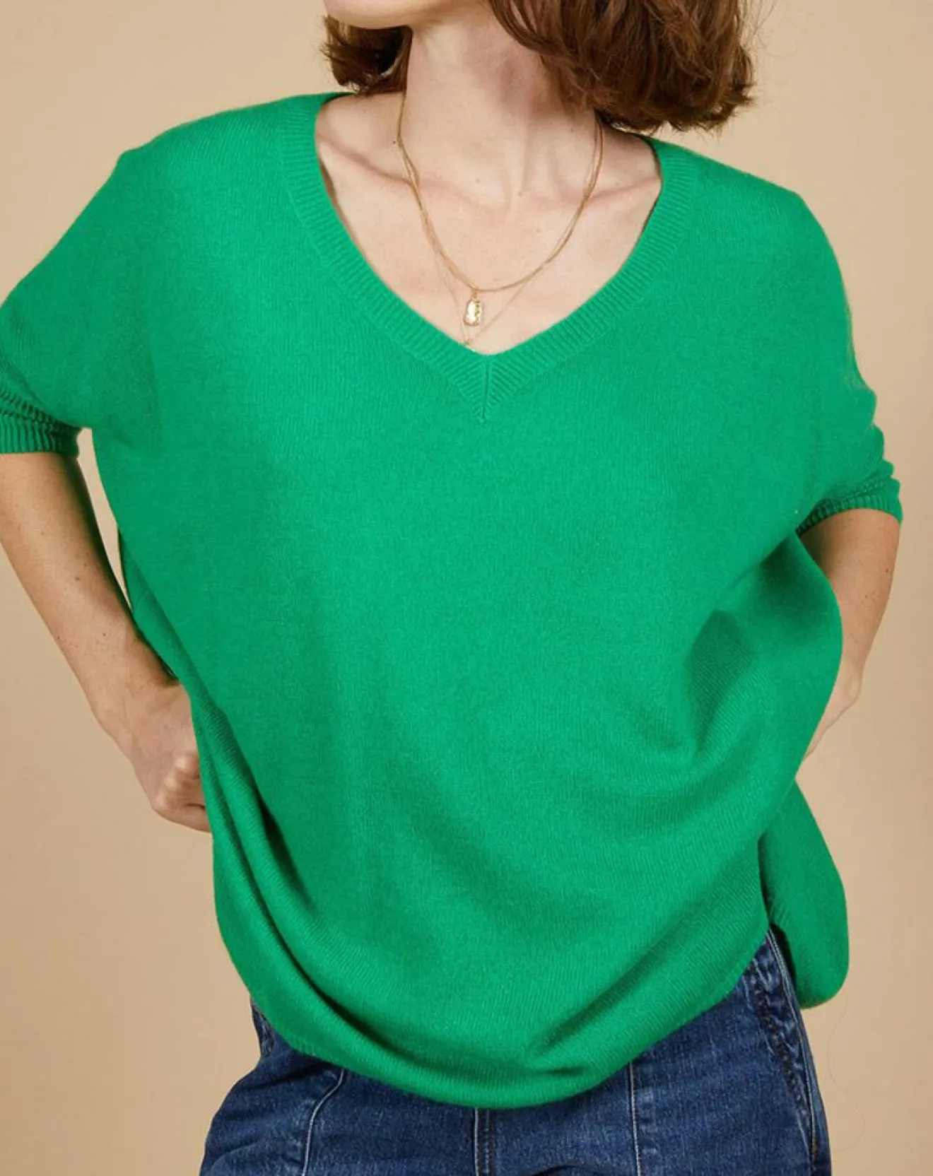 Cashmere Tribu Pull poncho 100% Cachemire Kelly col V manches courtes émeraude