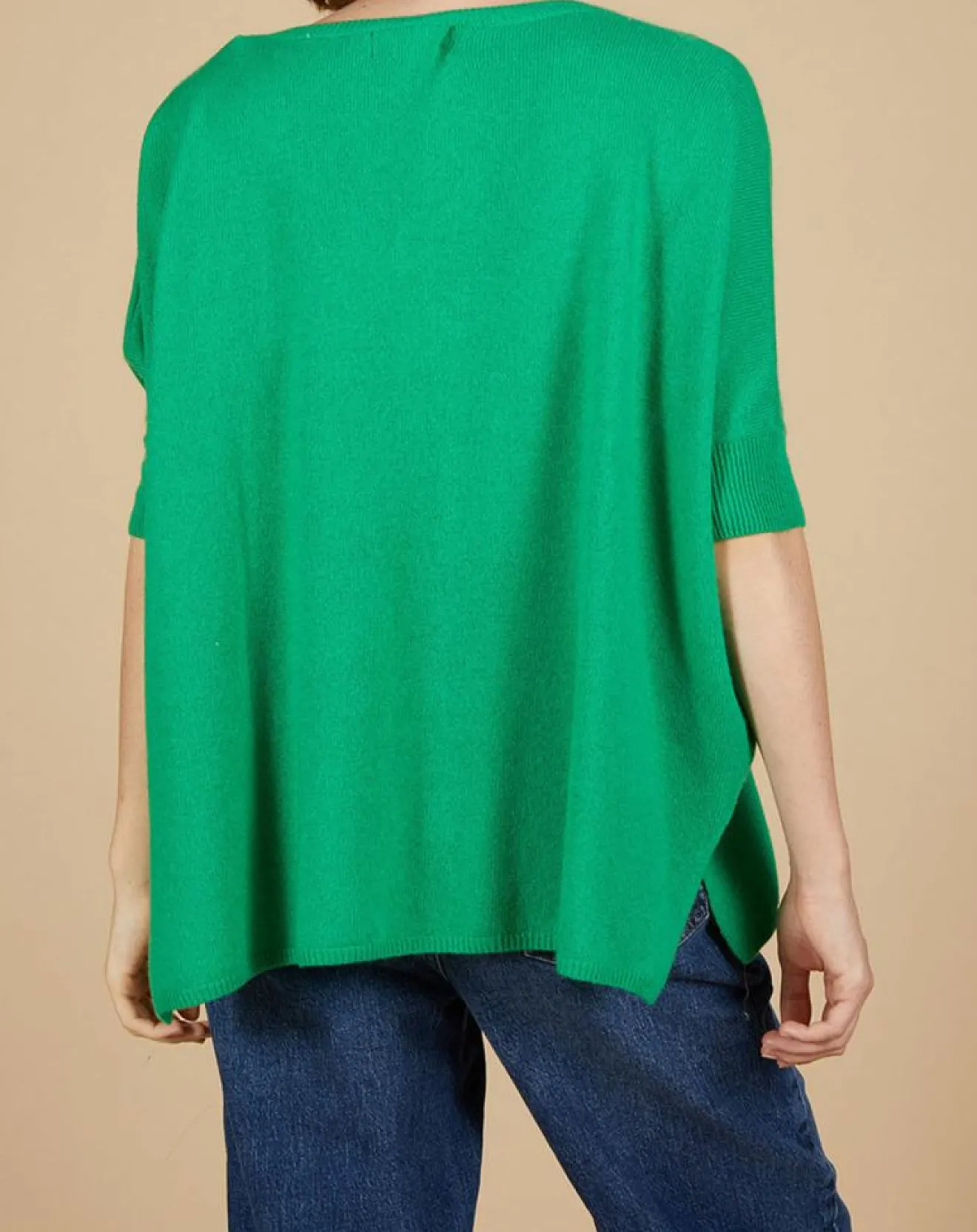 Cashmere Tribu Pull poncho 100% Cachemire Kelly col V manches courtes émeraude