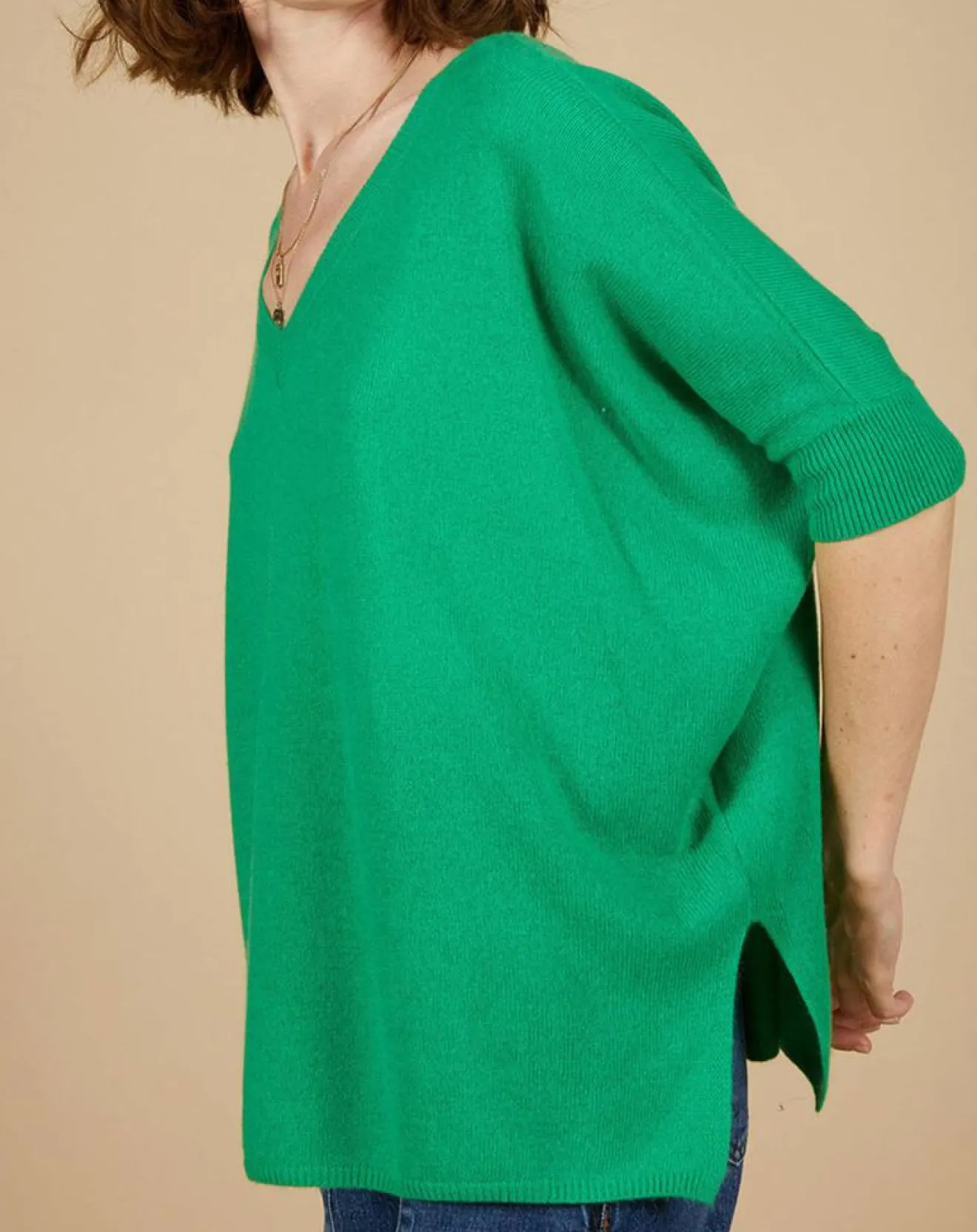 Cashmere Tribu Pull poncho 100% Cachemire Kelly col V manches courtes émeraude