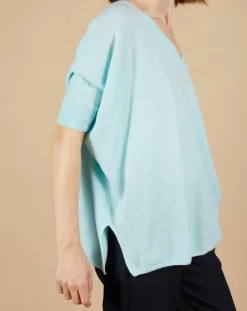 Femme Cashmere Tribu Pull poncho 100% Cachemire Kelly col V manches courtes bleu océan