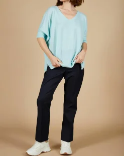 Femme Cashmere Tribu Pull poncho 100% Cachemire Kelly col V manches courtes bleu océan