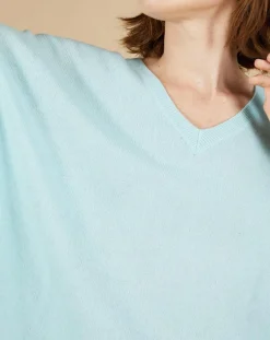 Femme Cashmere Tribu Pull poncho 100% Cachemire Kelly col V manches courtes bleu océan