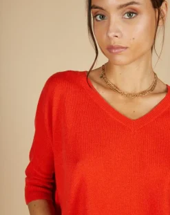 Femme Cashmere Tribu Pull poncho 100% Cachemire Kelly col V manches courtes orange