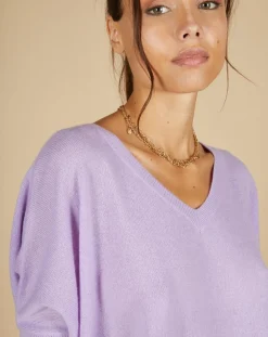 Hot Cashmere Tribu Pull poncho 100% Cachemire Kelly col V manches courtes lavande