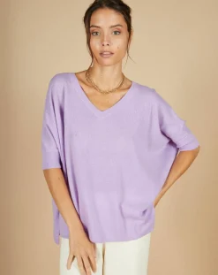 Hot Cashmere Tribu Pull poncho 100% Cachemire Kelly col V manches courtes lavande