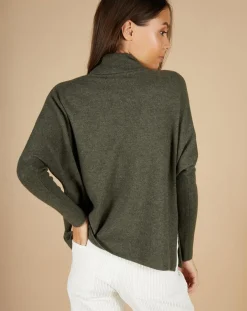 Femme Cashmere Tribu Pull poncho 100% Cachemire Lola col roulé kaki grisé