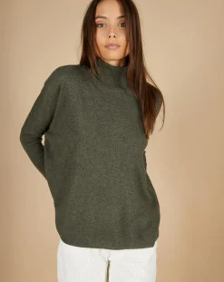 Femme Cashmere Tribu Pull poncho 100% Cachemire Lola col roulé kaki grisé