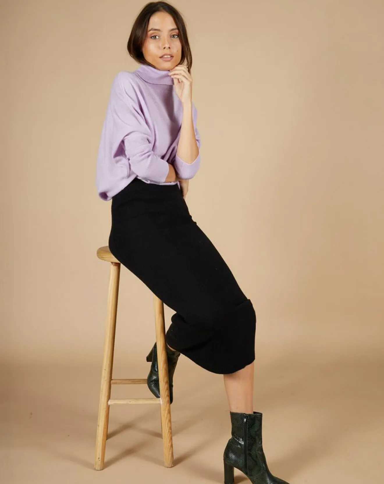 Femme Cashmere Tribu Pull poncho 100% Cachemire Lola col roulé lilas