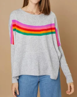 Femme Cashmere Tribu Pull poncho 100% Cachemire Rocky col rond à bandes gris chiné clair