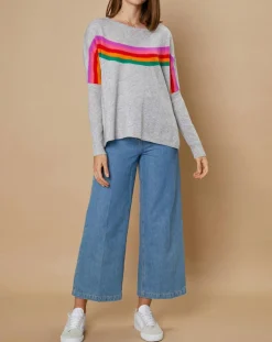 Femme Cashmere Tribu Pull poncho 100% Cachemire Rocky col rond à bandes gris chiné clair