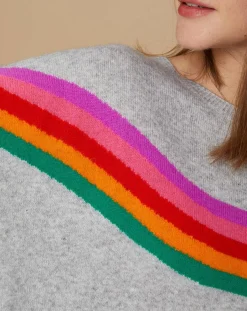 Femme Cashmere Tribu Pull poncho 100% Cachemire Rocky col rond à bandes gris chiné clair