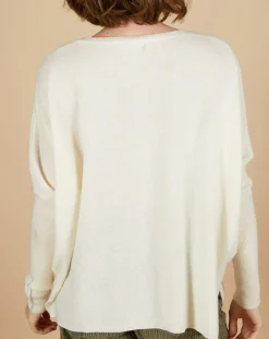 Femme Cashmere Tribu Pull poncho 100% Cachemire Rocky col rond à bandes blanc cassé