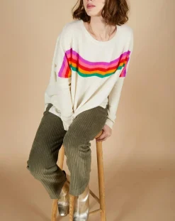 Femme Cashmere Tribu Pull poncho 100% Cachemire Rocky col rond à bandes blanc cassé