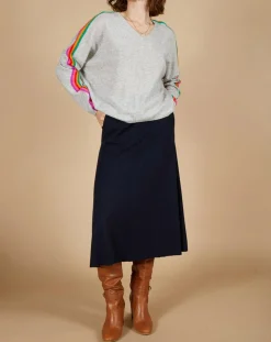 Femme Cashmere Tribu Pull poncho 100% Cachemire Wimbow col V à bandes manches gris chiné clair