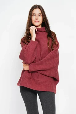 Femme Assuili Pull poncho col roulé bordeaux