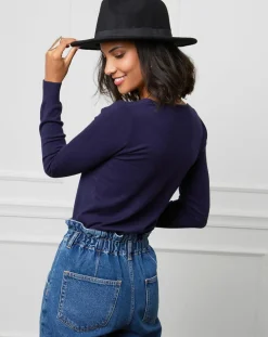 Femme Soft Cashmere Pull Romane à Col V marine