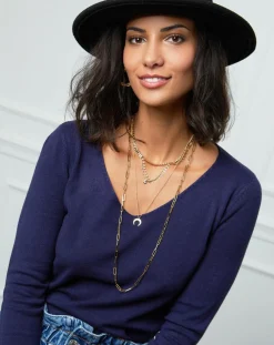 Femme Soft Cashmere Pull Romane à Col V marine