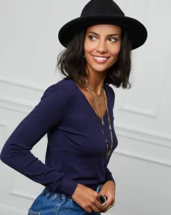 Femme Soft Cashmere Pull Romane à Col V marine