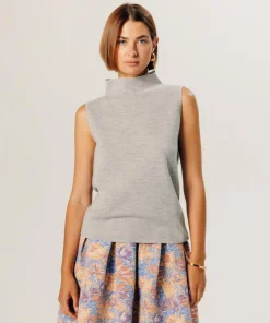 Femme Rodier Pull Yvonne 100% laine sans manches col montant gris clair