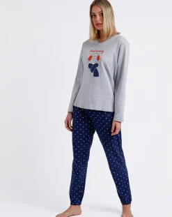 Femme Mr Wonderful Pyjama haut à manches longues & pantalon gris/bleu marine