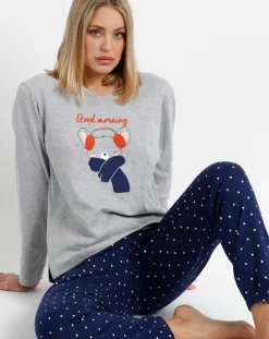 Femme Mr Wonderful Pyjama haut à manches longues & pantalon gris/bleu marine