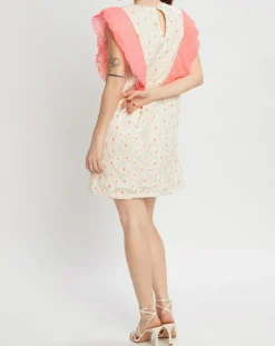 Manoush Robe brodée Daisy écru/rose fluo