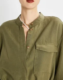 Marc O'Polo Robe Chemise en Lin mélangé Col Mao Tencel kaki